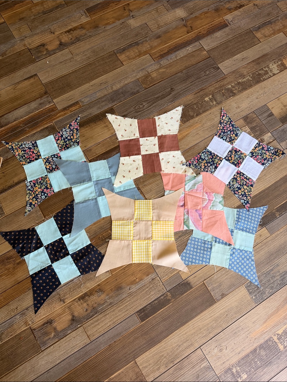 Assorted Glorified 9 Patch Star Quilted  Topper Blocks in Pastel & Floral Prints